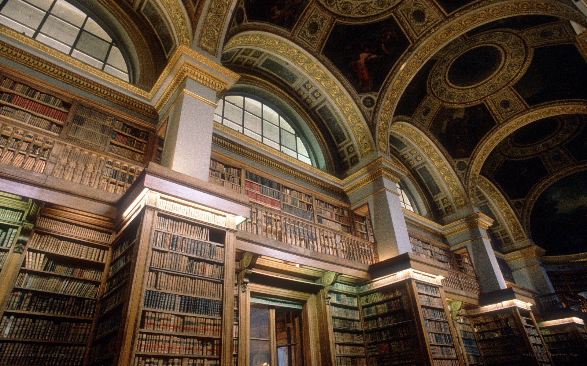 Grand library with ornate ceiling