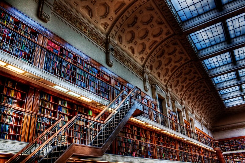 Grand library with ornate ceiling