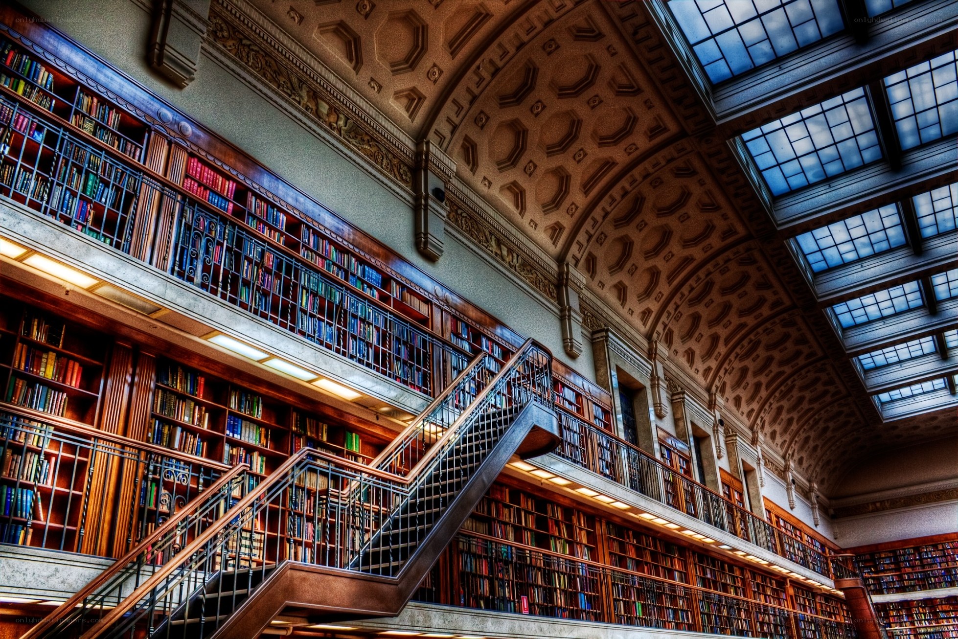 Grand library with ornate ceiling