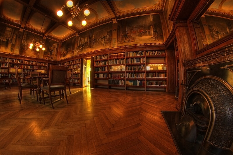 Grand library with wooden floors