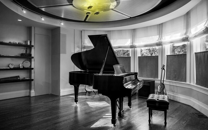 Grand Piano in Room — Black, Serene, Photograph