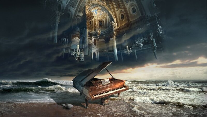 Grand Piano on Beach — Gray