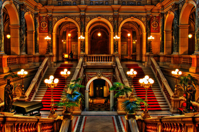 Grand staircase in ornate hall