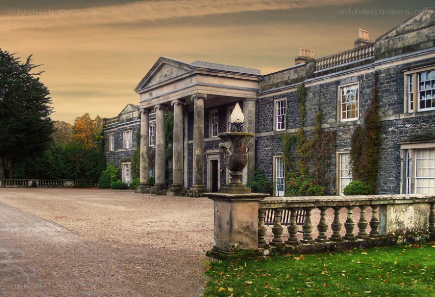 Grand stone mansion with columns