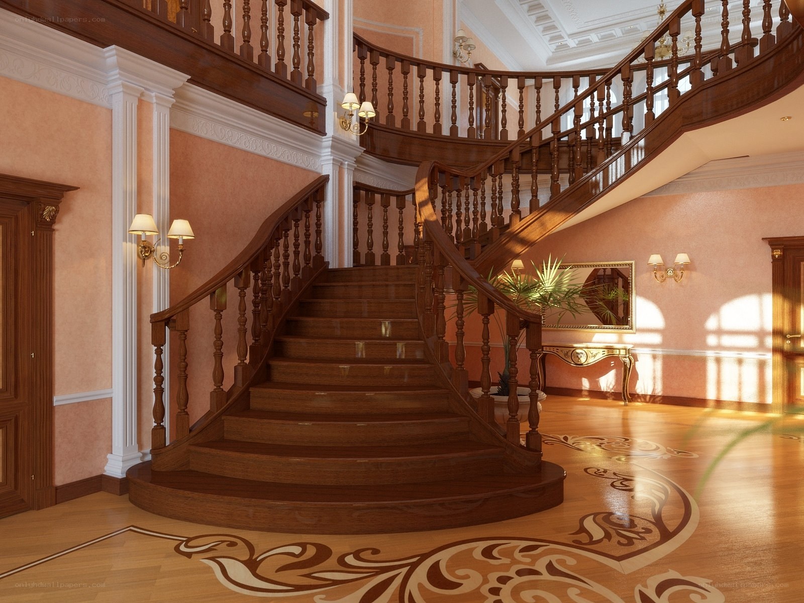 Grand wooden staircase interior