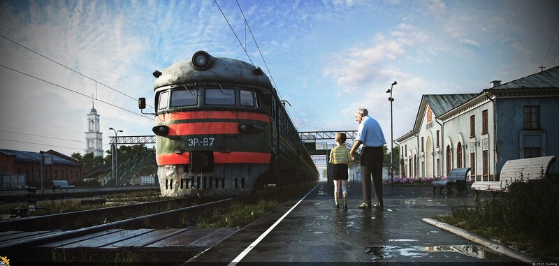 Grandfather and Child at Train Station