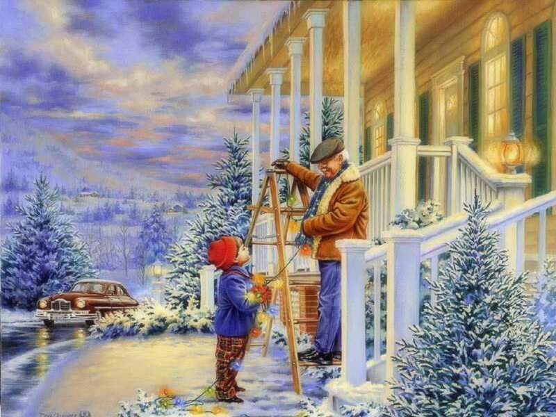Grandfather and Grandson Decorating — White