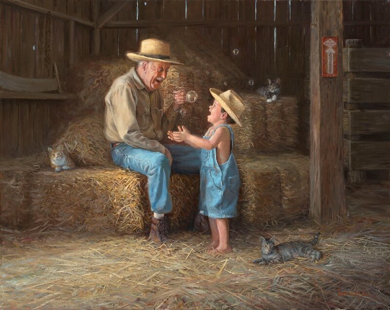 Grandfather and grandson in barn