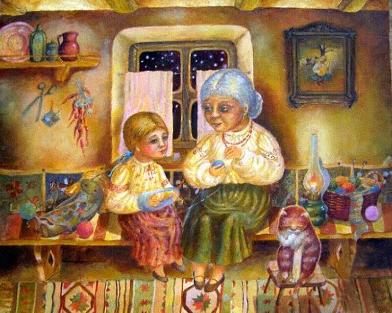 Grandmother and Child Knitting