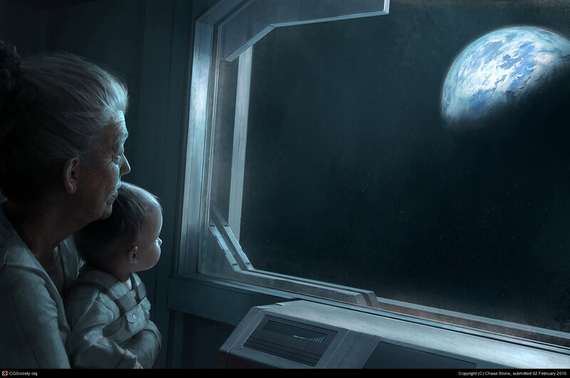 Grandmother and child view Earth from space
