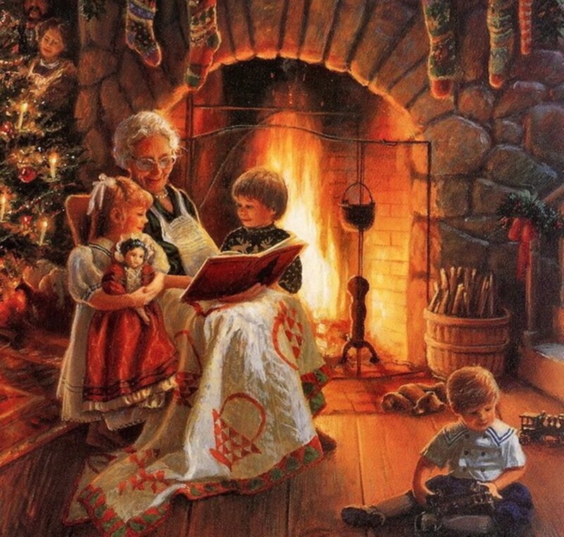 Grandmother Reading to Children — Red