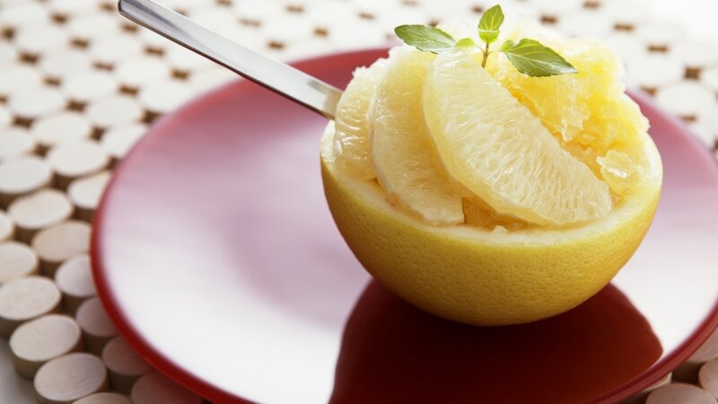 Grapefruit Dessert — Yellow, Fresh, Photograph, Spoon, Plate
