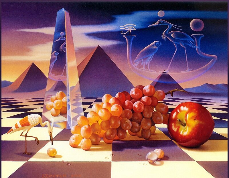 Grapes and Apple on Chessboard