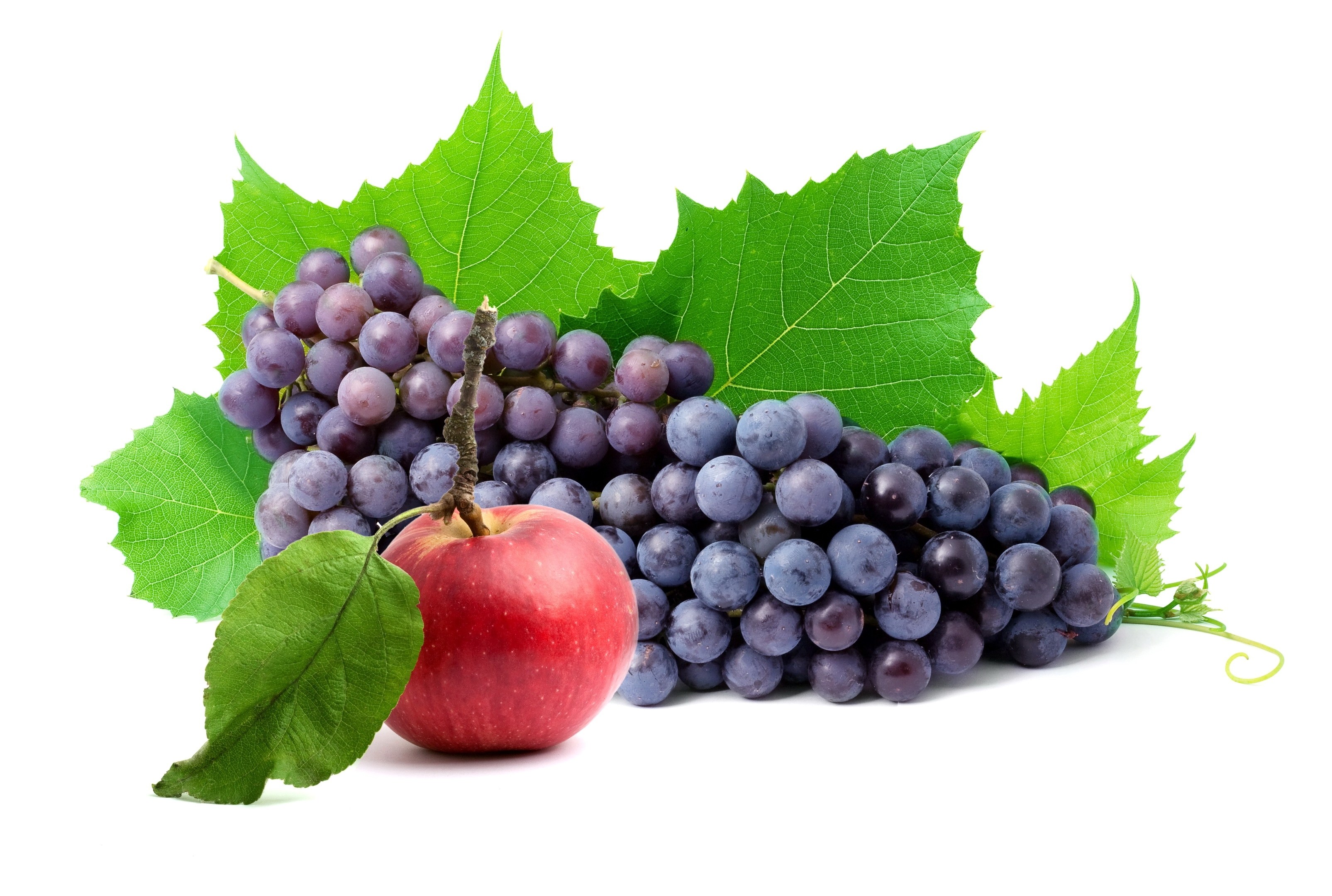 grapes and apple with leaves