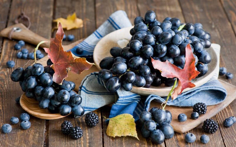 Grapes and Berries on Wood
