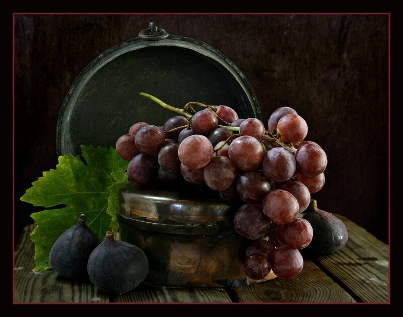 Grapes and Figs on Wood