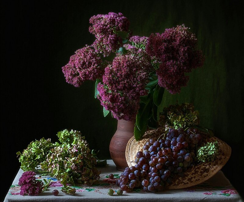 Grapes and Flowers in Basket