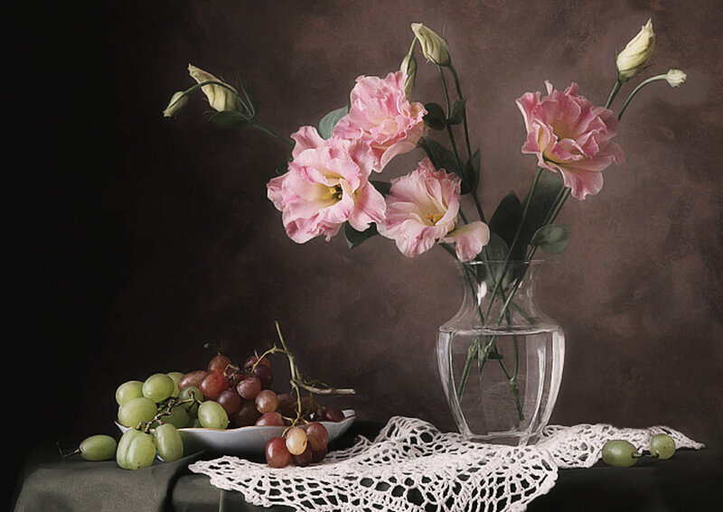 Grapes and Flowers in Vase — Brown