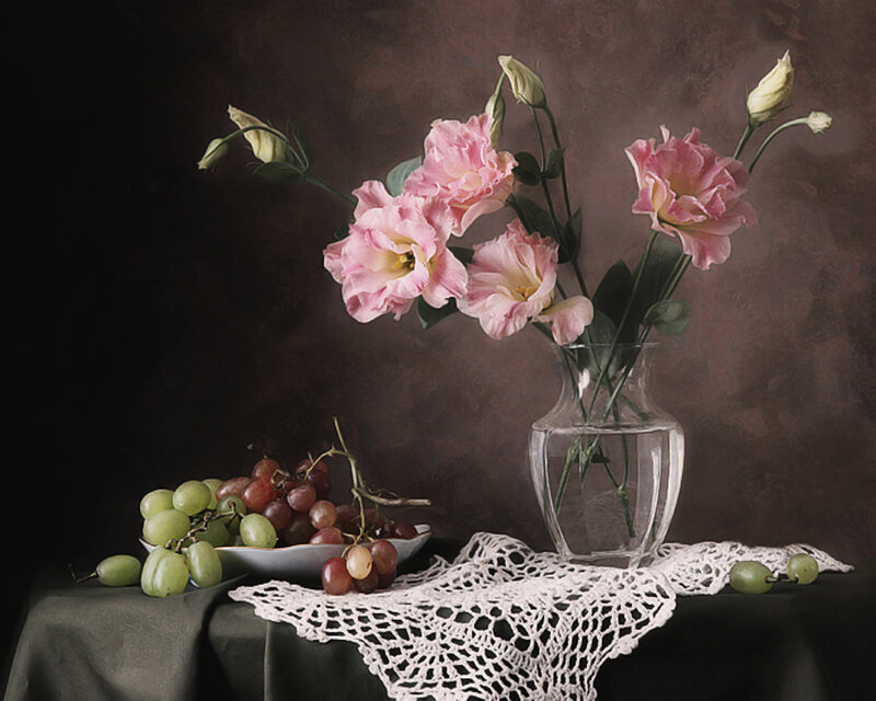 Grapes and Flowers in Vase — Pink