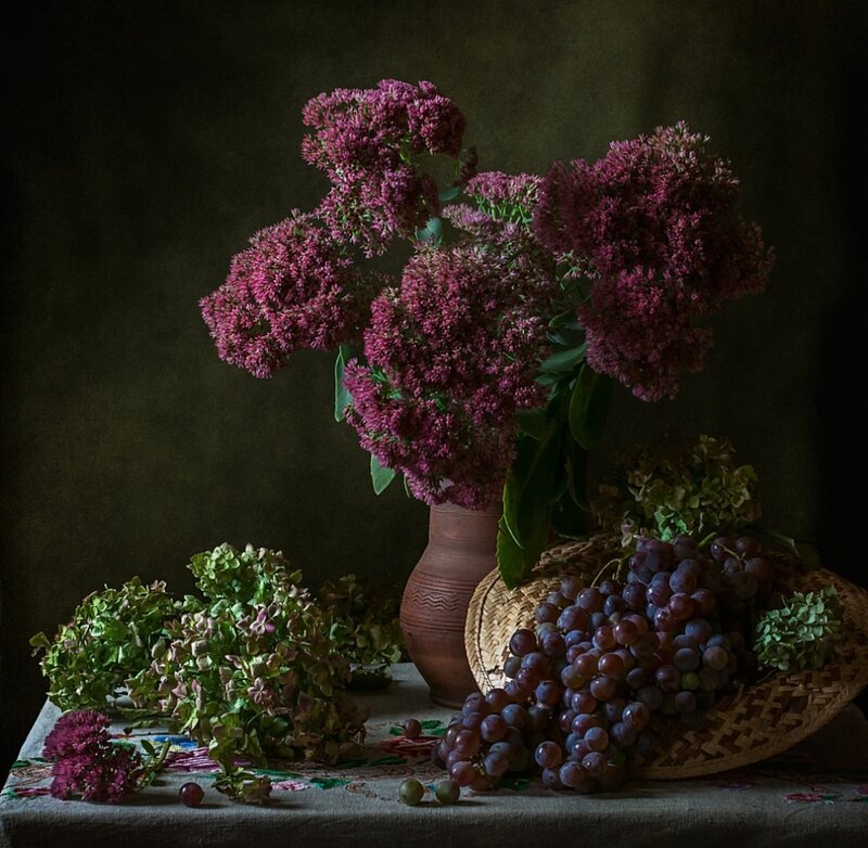 Grapes and Flowers in Vase — Purple, Dramatic, Photograph
