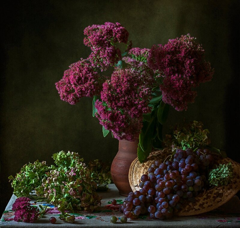 Grapes and Flowers in Vase — Purple, Dramatic
