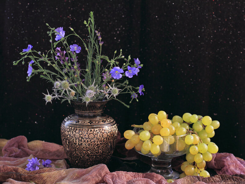 Grapes and Flowers in Vase — Purple