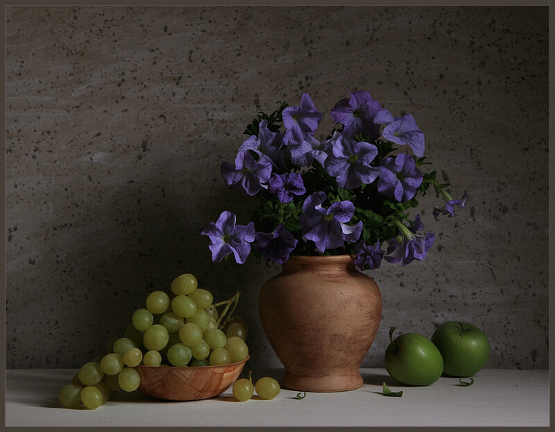 Grapes and Flowers in Vase