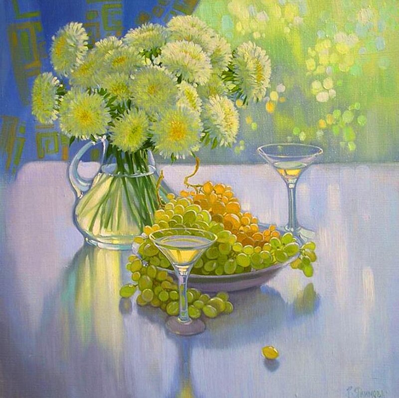 Grapes and Flowers on Table — Green, Serene