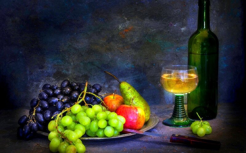 Grapes and Fruit on Table — Blue