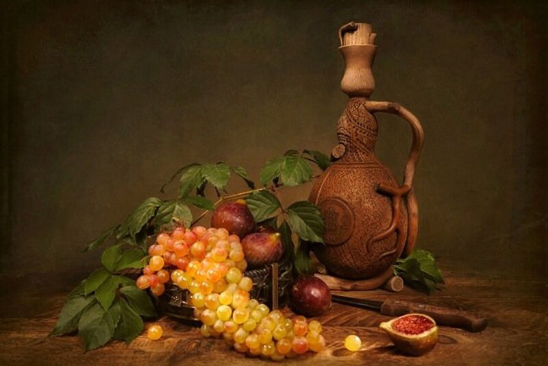 Grapes and Fruit on Table — Brown, Dramatic