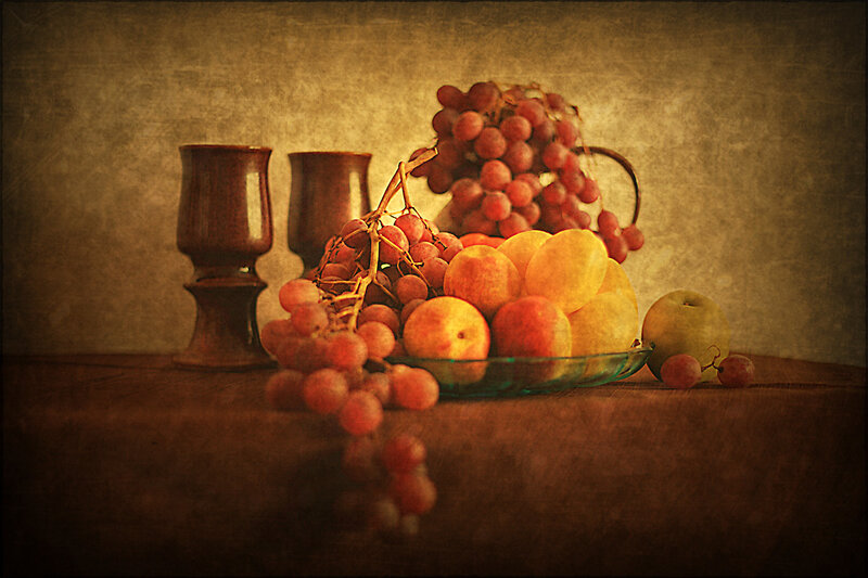 Grapes and Fruit on Table — Brown
