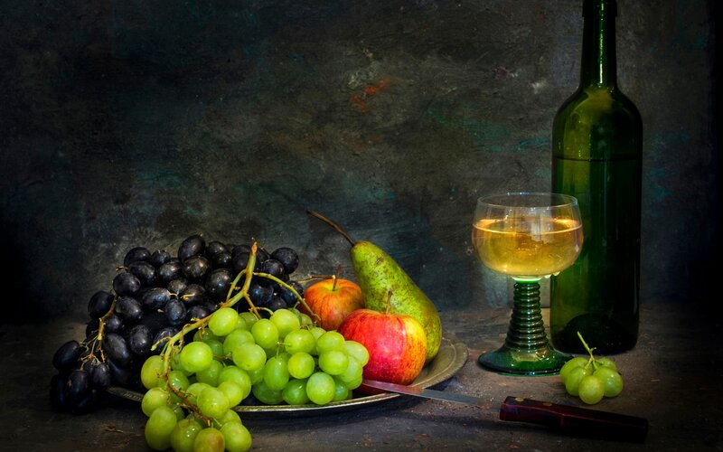 Grapes and Fruit on Table — Green, Dramatic