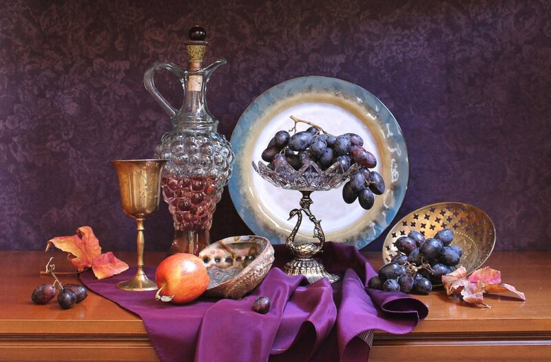 Grapes and Fruit on Table — Purple
