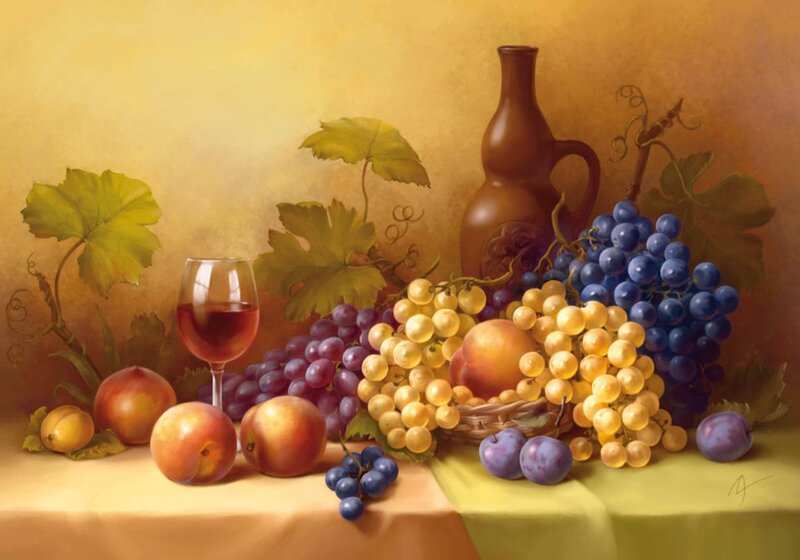 Grapes and Fruit on Table — Yellow, Serene