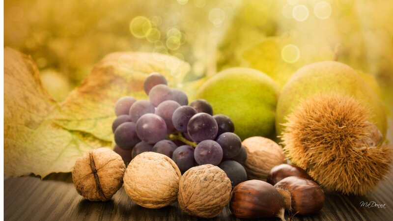 Grapes and Nuts on Wood