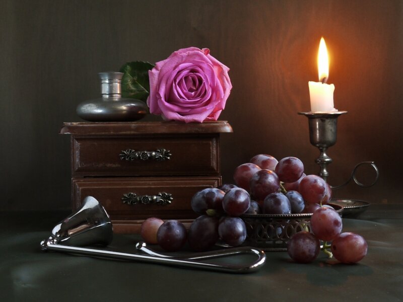 Grapes and Rose on Table