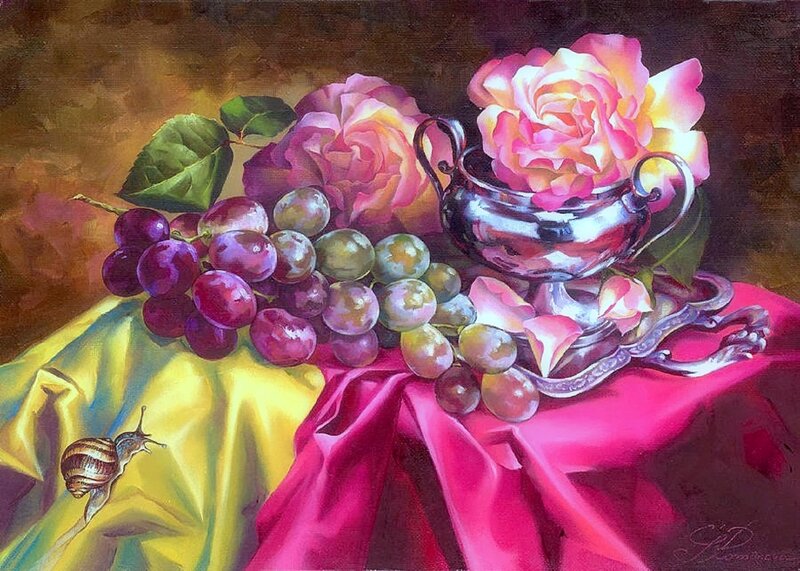 Grapes and Roses on Cloth