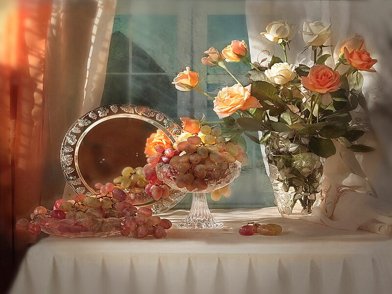 Grapes and Roses on Table