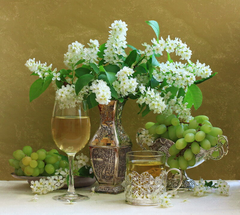 Grapes and White Flowers