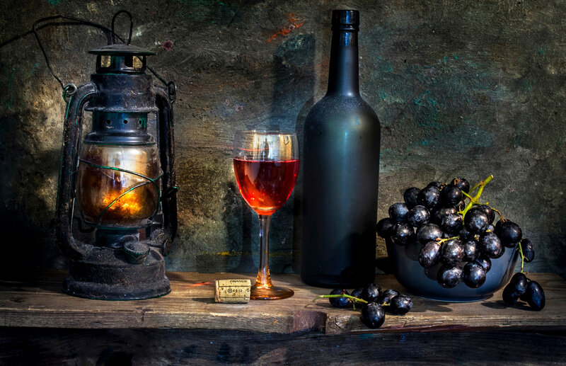 Grapes and Wine Bottle — Black