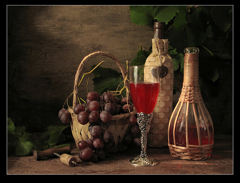 Grapes and Wine Bottle — Brown, Dramatic, Photograph, Basket