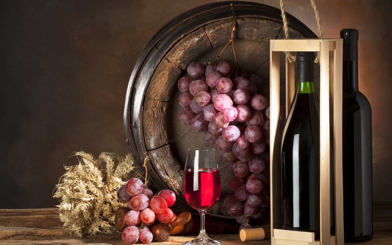 Grapes and Wine Bottle — Brown, Dramatic, Photograph, Wine Barrel