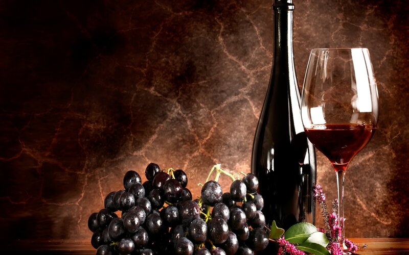 Grapes and Wine Bottle — Brown, Dramatic, Photograph, Wine Glass