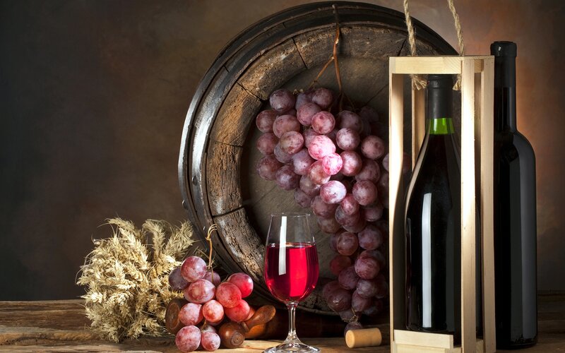 Grapes and Wine Bottle — Brown, Dramatic
