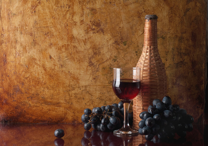 Grapes and Wine Bottle — Brown
