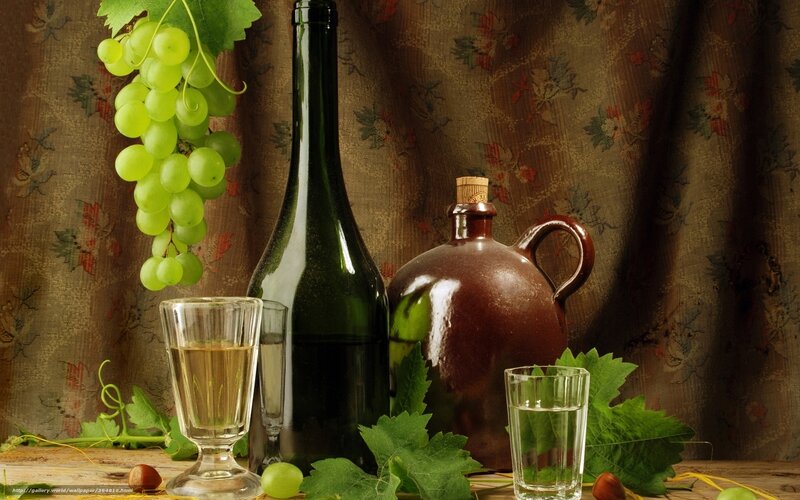 Grapes and Wine Bottle — Green, Calm