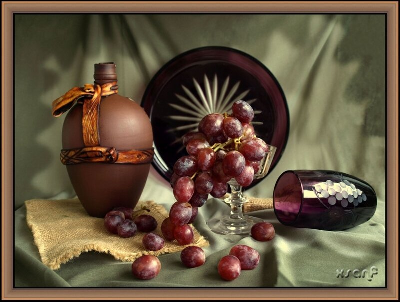 Grapes and Wine Bottle — Purple