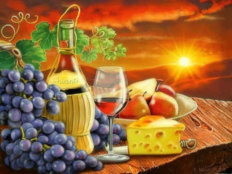 Grapes and Wine Bottle — Red, Dramatic