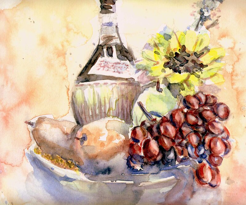 Grapes and Wine Bottle — Yellow