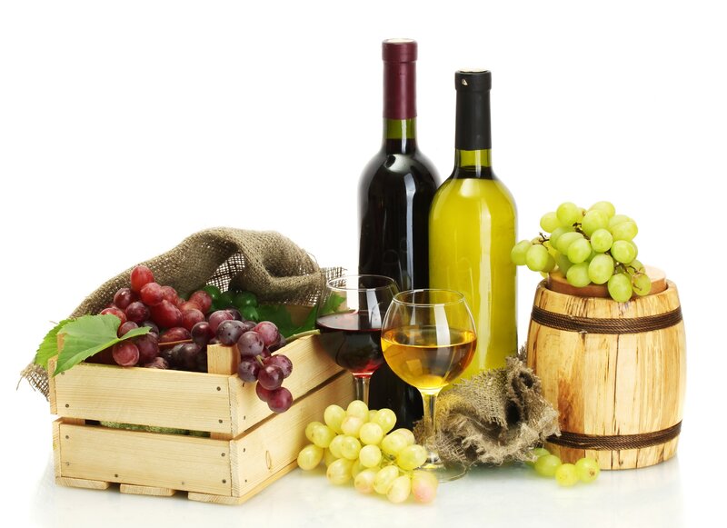 Grapes and Wine Bottles — White